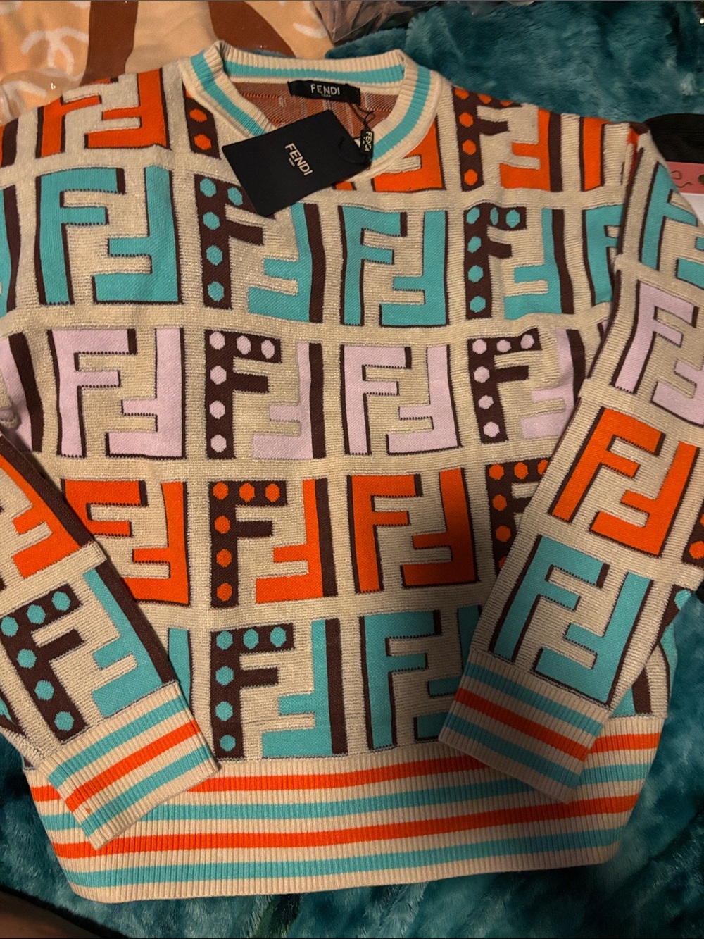 Fendi Multicolor FF Logo Crewneck Sweater in Turquoise, Orange & Lavender